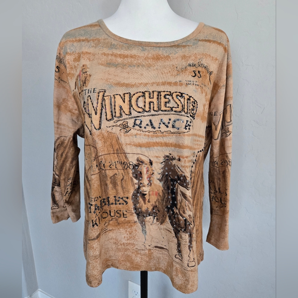Vintage 90s Two Top Clothing Co Western Sequin Beaded Art To Wear Cotton Sz L